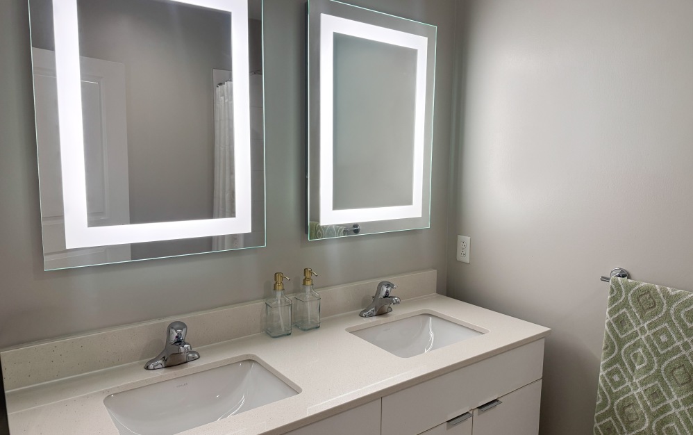 Van Gogh - 2 bedroom floorplan layout with 1 bathroom and 850 square feet (Backlit Mirror & Double Vanity Sinks)